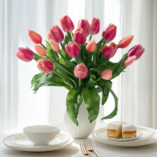 Vista 11 de Bailikang 20 piezas de tulipanes artificiales, flores de seda de tulipanes falsos, ramo artificial de PU, flores artificiales de imitación con caja
