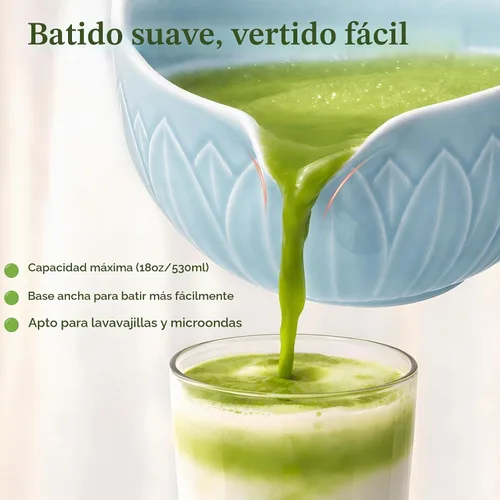 Vista 5 de Juego de batidor Matcha con cuenco de cerámica y cazador de bambú hoja azul