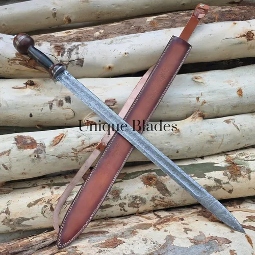 Vista 6 de Roman Spatha - Espada de batalla de acero de Damasco, hoja de espiga completa de 36 pulgadas con ranura de sangre, colección Third Century Viking