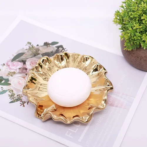 Vista 6 de Jabonera de hoja de loto de cerámica dorada, jabonera autodrenante, ranura de cascada, accesorios de baño para baño, cocina, mostrador de bar.