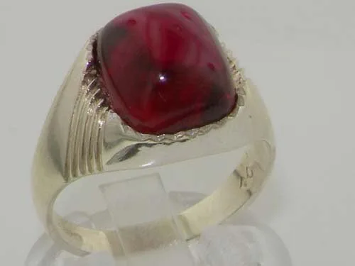 Vista 2 de Anillo de plata de ley 925 maciza con cabujón creado en rubí para hombre tamaños 6 a 13 disponibles