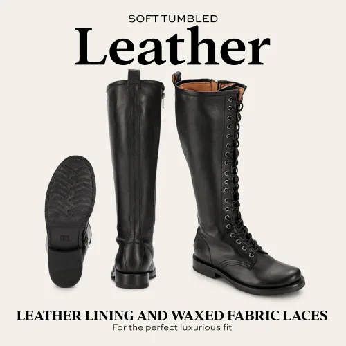 Vista 4 de Frye Veronica Botas de combate altas de 15 pulgadas para mujer, hechas de cuero de grano completo con construcción Goodyear Welt, cordones de tela