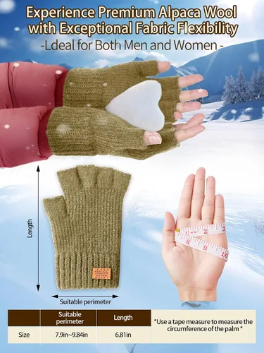 Vista 3 de JYUYNY Guantes de invierno sin dedos para mujeres y hombres, cálidos de lana de alpaca de punto elástico, para clima frío, guantes de medio dedo