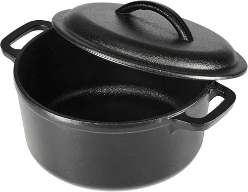 Vista 2 de Amazon Basics Mini olla holandesa de hierro fundido pre-sazonada con tapa y asas dobles, apta para horno, 2 cuartos de galón, redonda, color negro