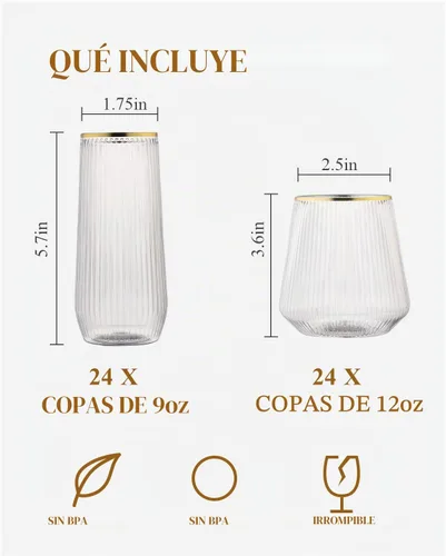 Vista 2 de Paquete de 48 vasos desechables de plástico ondulados estilo origami - 24 copas de champán sin tallo de 9 onzas y 24 vasos de 12 onzas, sin BPA