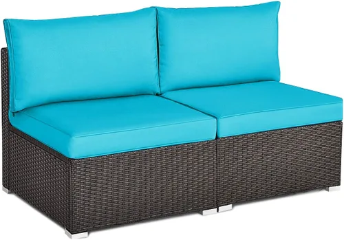 Vista 19 de Tangkula Juego de 2 sofás de mimbre para exteriores, sin brazos, juego de sofá modular de ratán para patio con 2 cojines de asiento gruesos y 2