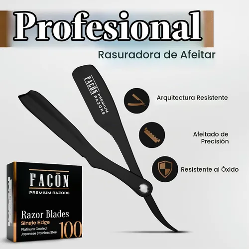Vista 2 de Facón - Maquinilla de afeitar recta para hombre, kit profesional de afeitar de borde recto con 100 cuchillas, afeitadora barbero japonesa de acero