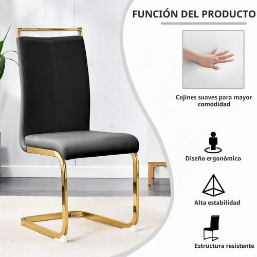 Vista 8 de Juego de mesa de comedor de mármol sintético para 6, mesas de comedor rectangulares para 6, mesa de cocina dorada y 6 sillas de piel sintética