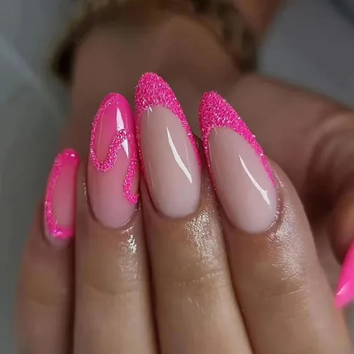 Vista 12 de Uñas postizas a presión medianas con punta francesa de almendra SWEKKE color rosa, cobertura completa, uñas postizas con pegamento rosa y purpurina