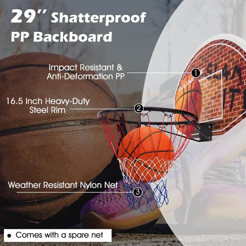 Vista 2 de Goplus Aro de baloncesto de 29 x 20 pulgadas, tablero de baloncesto portátil montado en la pared para deportes de interior y exterior, adecuado