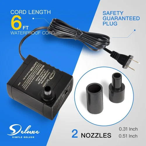 Vista 5 de Simple Deluxe 80 GPH Bomba de Agua Sumergible (300L/H, 3.6W), Bomba de Fuente Ultra Silenciosa con 2.6 pies, 2 Boquillas para Acuario, Piscina
