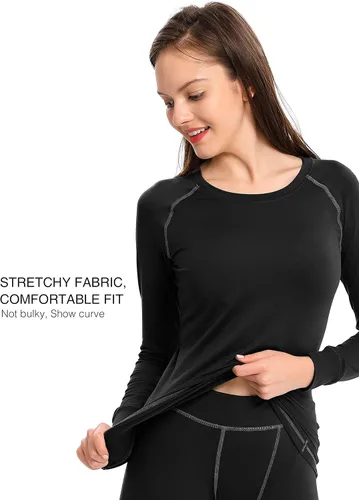 Vista 6 de Femofit Conjunto de ropa interior térmica para mujer, parte superior suave, capa base cálida, tallas S-XL, Negro