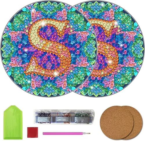 Vista 21 de Bysincy Juego de 2 posavasos de pintura de diamantes de 26 letras A-Z, 5D, arte de diamante, mosaico, alfabeto, kit por número para adultos y niños