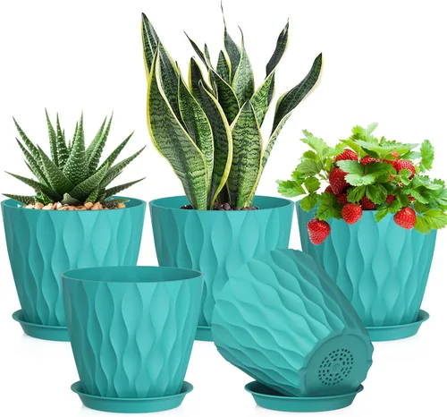 Vista 16 de Meowell Macetas pequeñas de plástico de 4 pulgadas, macetas de plántulas, juego de 5 macetas de ondas de agua para plantas de interior, macetas