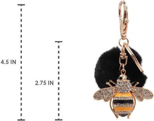 Vista 4 de surell Genuine Mink Fur Pom Bumble Bee Bling Keychain - Bag Beach Purse Charm - Bumblebee Pocketbook Accessory