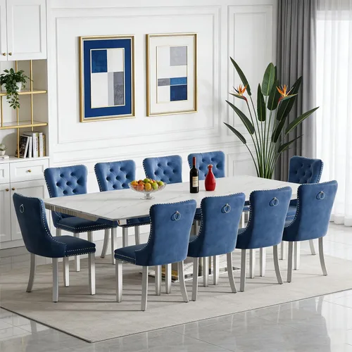 Vista 24 de Juego de mesa de comedor extensible de 63 a 79 pulgadas para 4, moderna mesa de cocina expandible con 4 sillas de terciopelo, mesa de madera gruesa