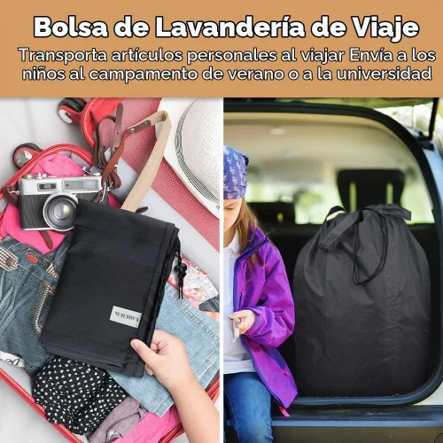 Vista 4 de Bolsa de lavandería de viaje lavable con asas y cordón (paquete de 2), resistente lo suficientemente grande como para contener 3 cargas de Negro