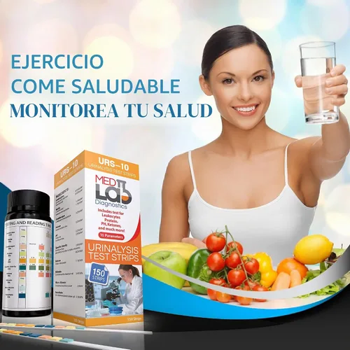 Vista 7 de Med Lab - Tiras de prueba de orina de 10 parámetros para análisis de orina, 150 tiras (Bolsas selladas) Pruebas de cetosis, pH, proteínas