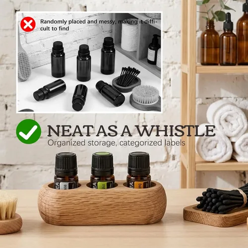 Vista 4 de RoseFlower Soporte organizador de madera para exhibición de aceites esenciales – 3 ranuras de madera de roble rojo – Capacidad para hasta 3 botellas