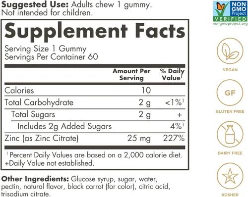 Vista 2 de Solgar Gomitas de zinc para adultos con 25 mg de citrato de zinc de ultra potencia para apoyo inmunológico, sabor mixto de frutas, veganas, kosher