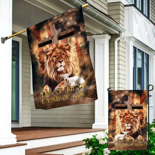 Vista 4 de Bandera estadounidense con cruz "Judah Lamb Of God" v1, de 11.5 x 17.5 pulgadas para jardín, banderas de Estados Unidos de poliéster prémium