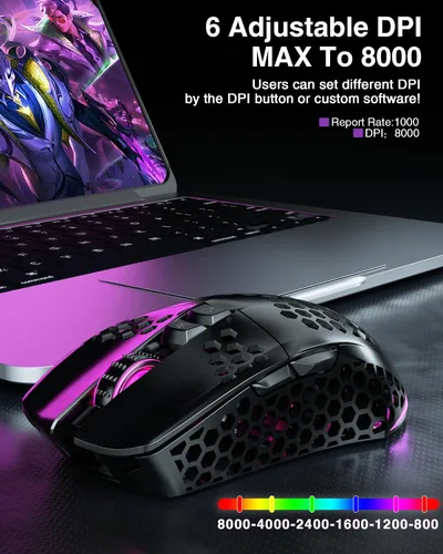 Vista 5 de SOLAKAKA SM600 Honeycomb Shell Gaming Mouse inalámbrico, Tri-Modos BT5.12.4G InalámbricoTipo-C Ratón gamer con cable con 2 botones laterales, macro