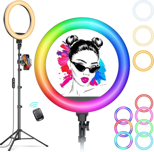Vista 10 de Kaiess - Anillo de luz para selfie de 10.2 pulgadas con soporte de trípode ajustable de 65 pulgadas y soporte para teléfono para transmisión
