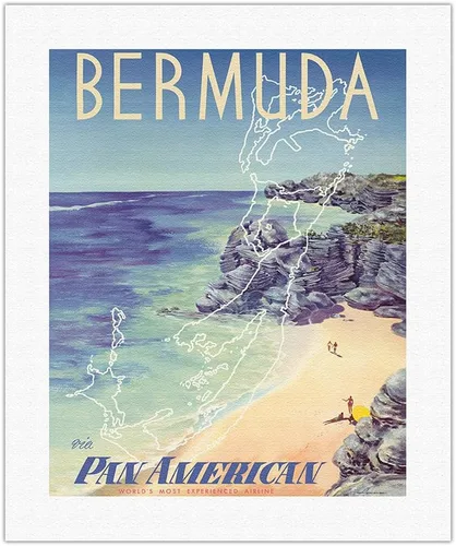 Vista 9 de Bermuda - via Pan American World Airways - Vintage Airline Travel Poster by Loweree c.1953 - Fine Art Rolled Canvas Print 11in x 14in