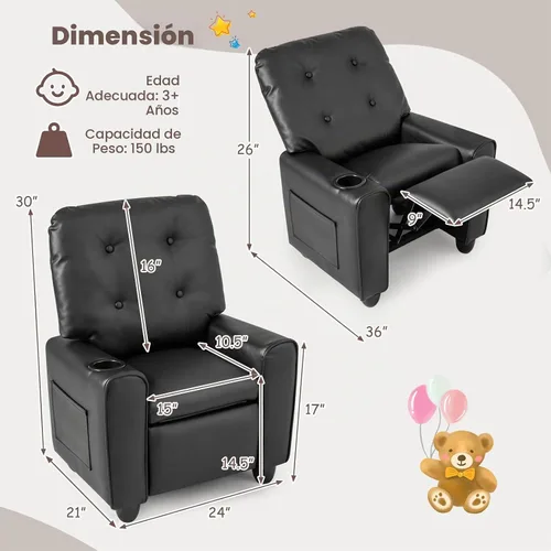 Vista 3 de Costzon Niños reclinable, PU cuero bebé bebé empujar hacia atrás sofá Negro
