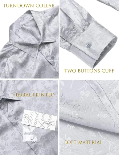 Vista 5 de COOFANDY - Camisas de vestir de seda de satén para hombre, con manga larga, diseño jacquard floral, botones, para fiesta, graduación y boda