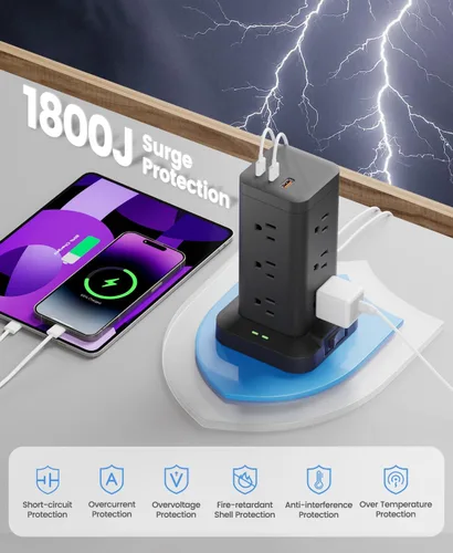 Vista 5 de Torre de regleta de alimentación con protector de sobretensiones de 1800J, torre de carga rápida PD20W puertos USB-C con 12 salidas de CA, cable