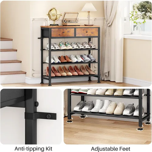 Vista 5 de Kitstorack - Zapatero de 4 niveles, organizador de zapatos para 9-12 pares de zapatos, con 2 cajones, 3 estantes de tela y parte superior de madera