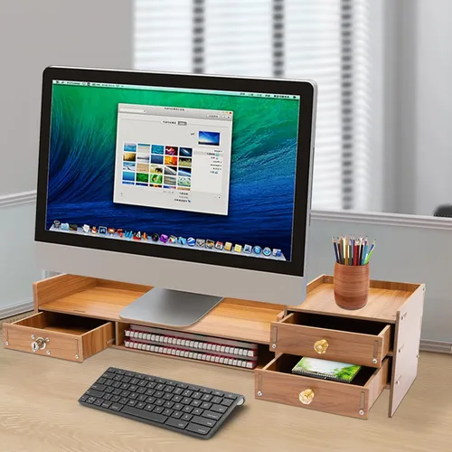 Vista 5 de Estante de madera para monitor de computadora con cajones, soporte ajustable para monitor de TV para laptop, organizador de almacenamiento