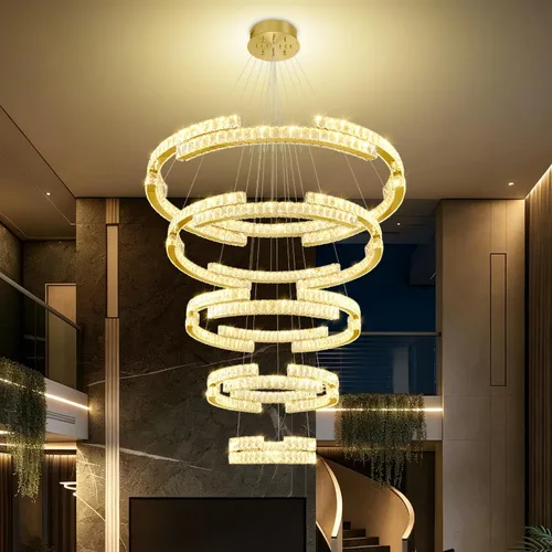 Vista 14 de D40''+D27.5''+D15.7'' Moderna lámpara de araña de oro de 3 anillos de cristal para sala de estar, luz colgante de cristal, entrada de vestíbulo Oro