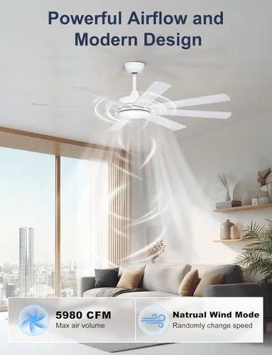 Vista 4 de Ventiladores de Techo de 60 Pulgadas Sin Luces - Ventilador de Techo Blanco de 8 Aspas Control Remoto/APP, Ventilador de Techo Reversible