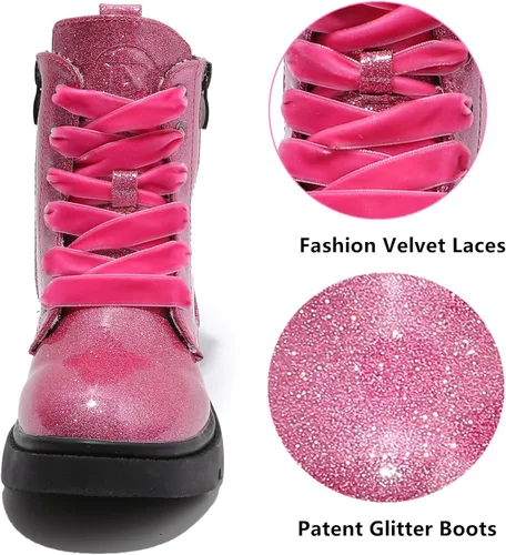 Vista 3 de DADAWEN Botas de tobillo con purpurina para niños y niñas, zapatos de combate impermeables con cremallera lateral para niños pequeños, niños grandes