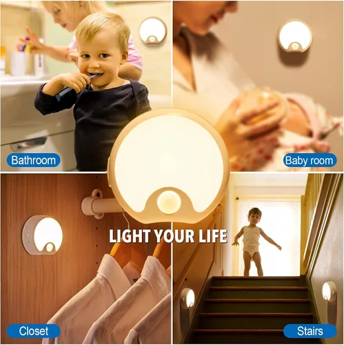 Vista 9 de Luz nocturna LED con sensor de movimiento para interiores, funciona con pilas, luces inalámbricas para inodoro, escaleras, armario, luz adhesiva