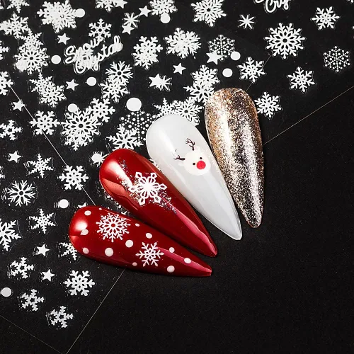 Vista 5 de Calcomanías de uñas de copo de nieve 10 hojas, calcomanías de copo de nieve de Navidad, calcomanías de uñas 3D autoadhesivas, diseño de uñas de tema