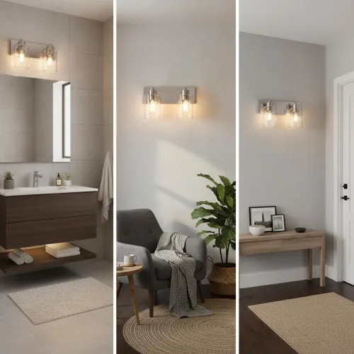 Vista 3 de Lámparas de baño, lámpara de tocador de 2 luces de níquel cepillado, apliques de pared modernos con pantalla de vidrio transparente para pasillo
