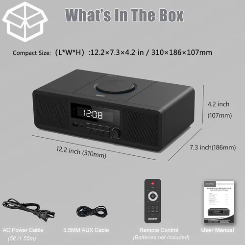 Vista 6 de Sistema estéreo compacto con reproductor de CD, Bluetooth, reloj de alarma dual, radio FM, sonido claro de 20W RMS, entrada USB/AUX, función
