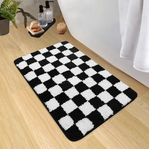 Vista 12 de Alfombras redondas a cuadros para baño, lavables a máquina, negras y blancas de 2 pies, alfombrilla de baño antideslizante y absorbente, alfombra