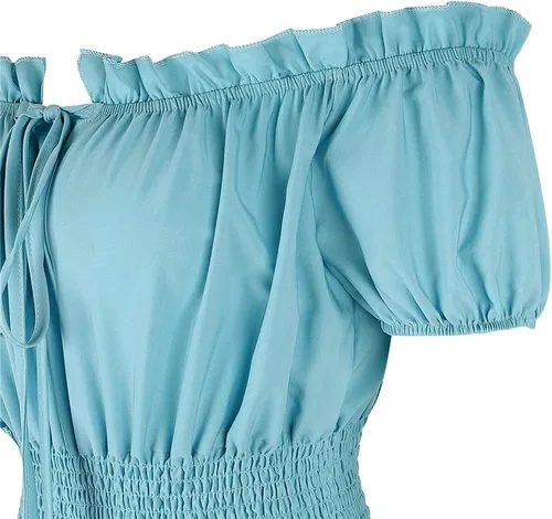 Vista 5 de Lehauya Disfraces renacentistas medievales para mujer, pirata, campesina, estilo bohemio, camisola con cintura fruncida, vestido