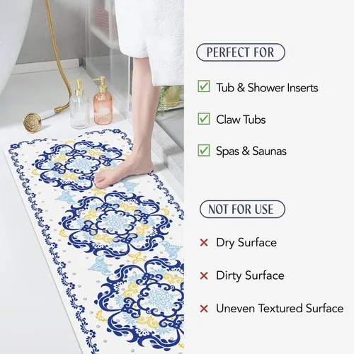 Vista 6 de SHUCHING - Alfombra de baño antideslizante azul para bañera de 40 x 16 pulgadas, estilo bohemio Tapete de bañera para ancianos sin moho, tapete