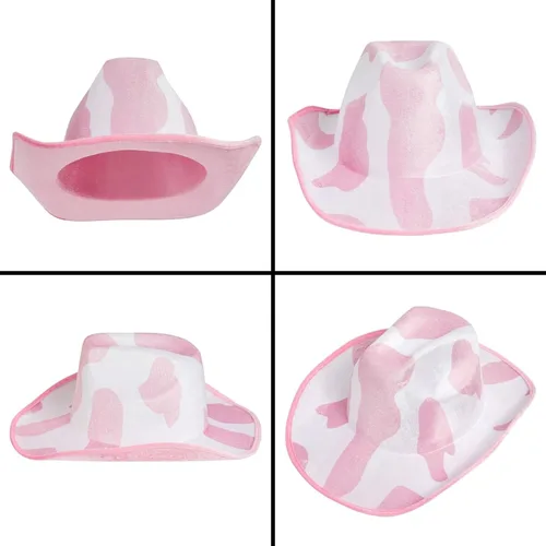 Vista 4 de Zodaca Sombreros de vaquero para mujeres y hombres, talla única, sombrero de vaquera con estampado de vaca rosa, espuma EVA suave y terciopelo