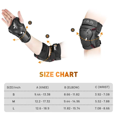 Vista 5 de JBM BMX Rodilleras y coderas con muñequeras, equipo protector. Conjunto para ciclismo, equitación, andar en bicicleta y varios deportes. Protección