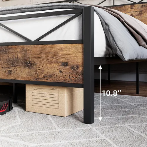 Vista 3 de GAOMON Base de cama tamaño Queen, marco de cama de plataforma de metal con cabecera y estribo de madera rústica vintage, sin ruido, fácil montaje