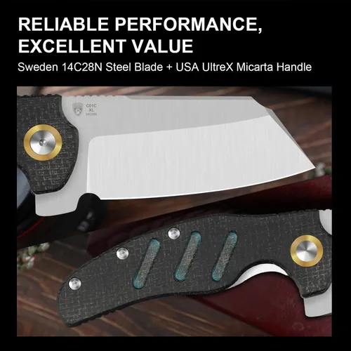 Vista 5 de Kizer C01C XL Cuchillo de bolsillo para perro pastor, 3.9 pulgadas, 14C28N, cuchillo plegable EDC con mango de arpillera negra Norplex UltreX™