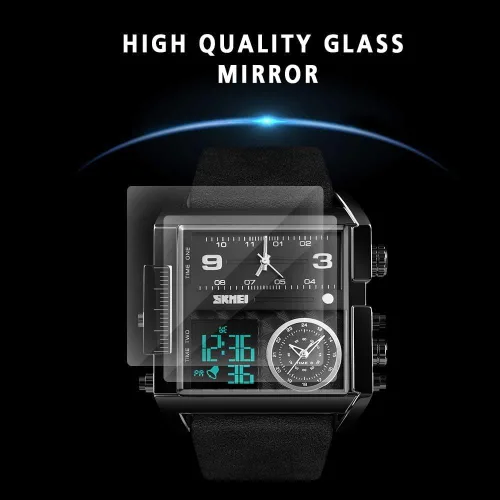 Vista 4 de SKMEI Relojes cuadrados para hombre, retroiluminación LED, pantalla grande, zona multihoraria, impermeable, analógico, reloj deportivo digital