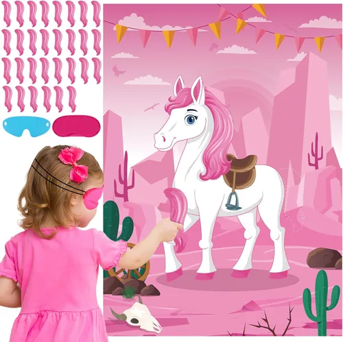 Vista 12 de Pin The Tail On The Donkey Juego de fiesta de cumpleaños con 50 piezas de colas grandes de juegos de burro para niños, suministros de fiesta