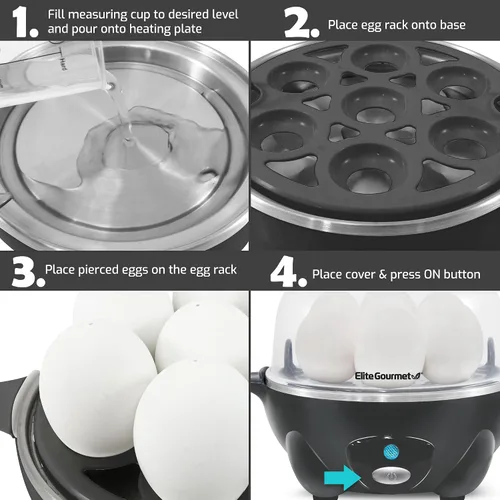 Vista 6 de Elite Gourmet EGC710DKG Cocedor Rápido de Huevos, 7 Huevos Hervidos Fáciles de Pelar, Duros, Medianos, Suaves, Escalfador, Máquina para Omelettes